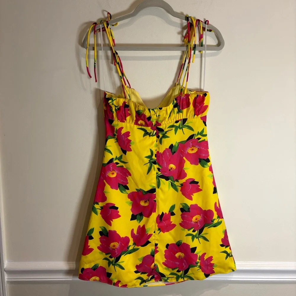 KOURT Dionne Bright Yellow Floral Print Satin Tie-Strap Mini Dress Size Small - Picture 5 of 10